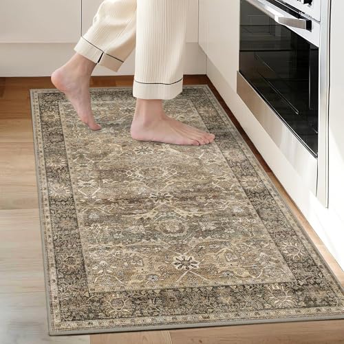 2x3 Entryway Rug Brown Washable Vintage Rugs for Entryway Kitchen Low Pile Non-Slip Door Mat Traditional Distressed Small Throw Rugs for Kitchen Entrance Bathroom - color: Brown, size: 2'*3'(Rectangular)