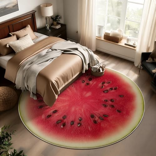 Cute Circle Rug, Watermelon Fruit Pattern Red Green Bright Summer Decor for Playroom, Washable Round Carpet, Soft Nursery Non-Slip Round Floor Mat for Kids Toddler Room Large Play Area Indoor 2 ft - color: A, size: 2' (Round)