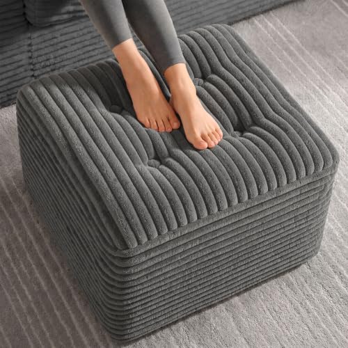 23.6in Pouf Ottoman, Corduroy Ottoman Foot Rest with Dual‑Layer Support, Large Poofy Pouf with Soft Chunk‑Foam Top & Firm Foam Base, Floor Foot Stool for Living Room, Dark Grey - color: Dark Grey