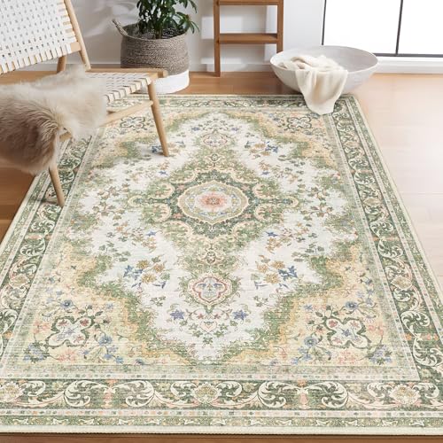 Green Rug 3'x5',Washable Area Rugs for Bedroom Living Room Kitchen Entryway Bedside,Small Boho Vintage Bohemian Distressed Oriental Non Slip Carpet,Sage Floral - color: Rug11-green, size: 3'x5'