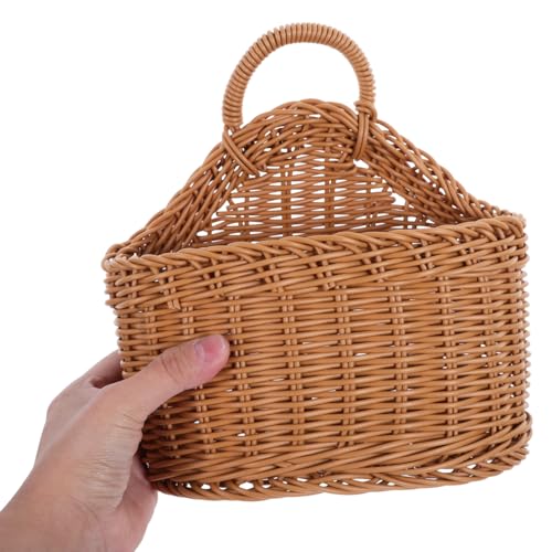 Cabilock Small Wall Hanging Basket, Boho Plastic Hand Woven Wall-Mounted Kitchen Storage Organizer for Fruit Vegetable, Wall Flower Hanging Baskets with Flat Back for Rustic Home Front Door Decor