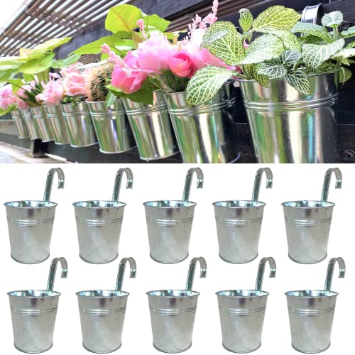 LaLaGreen Fence Planters for Outdoor Plants (10 Pack, 4 Inch) Balcony Planter Railing Hanging, Small Silver Metal Flower Pot Rail Wall Cute Farmhouse Garden Rustic Deck Porch Window Box Bucket Decor - size: 4 Inch (Silver)