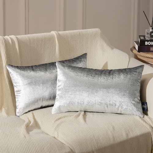 Phantoscope Pack of 2 Sparkling Velvet Decorative Solid Throw Decorative Pillow Cover Soft Silver Glitter Square Cushion Cover Pillowcase for Couch Bed and Chair, Gray, 12 x 20 inches, 30 x 50 cm - color: Gray and Silver, size: 20" x 12" (Pack of 2)