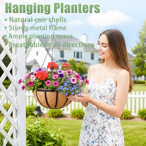 2 Pack 12 Inch Hanging Baskets for Plants Outdoor Metal Hanging Planters Round Hanging Flower Pots with Coco Coir Liner Plant Holder for Outdoor Patio Garden Balcony Decor - Flat Iron - color: Flat Iron