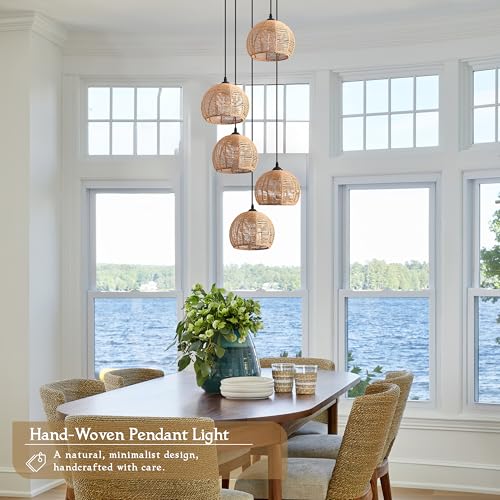 5-Light Woven Foyer Chandeliers for High Ceiling,5 Dome Boho Rattan Pendant Light Farmhouse Wicker Ceiling Light,rustic Hemp rope Light Fixture For Living Room Hallway Staircase Entryway(Bulb Incl. - color: 14" Natural 5-Light