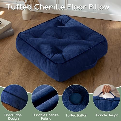 HIGOGOGO 6" Extra Thick Floor Pillow Cushion for Adults, Meditation Cushion Pillow with Handle, Lustrous Chenille Tufted, Square Floor Sitting for Tatami Living Room or Yoga, 22x22 Inch, Navy - color: Square Navy, size: 6" Thick(Pack of 1)