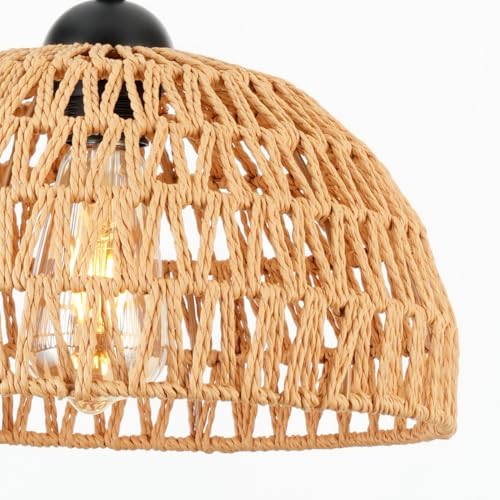 12" Rattan Pendant Light, Boho Dome Woven Hanging Light Fixture, Adjustable Height Natural Style Ceiling Lamp for Kitchen Island, Dining Room, Entryway, Bedroom, Hallway, EH61760P1