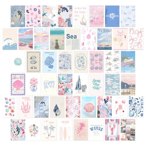 KBKBART Coastal Granddaughter Room Decor, Pink and Blue Wall Collage Kits, 50 Pcs 4x6 Inch Beachy Aesthetic Wall Art Prints Posters, Coastal Cowgirl Room Dorm Wall Decor for Teen Girls - color: Coastal, size: 4x6 inch x 50pcs