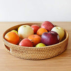 Round Rattan Serving Tray Decorative Woven Ottoman Trays with Handles for Coffee Table Natural (Small 11.8 inch x 2 inch)