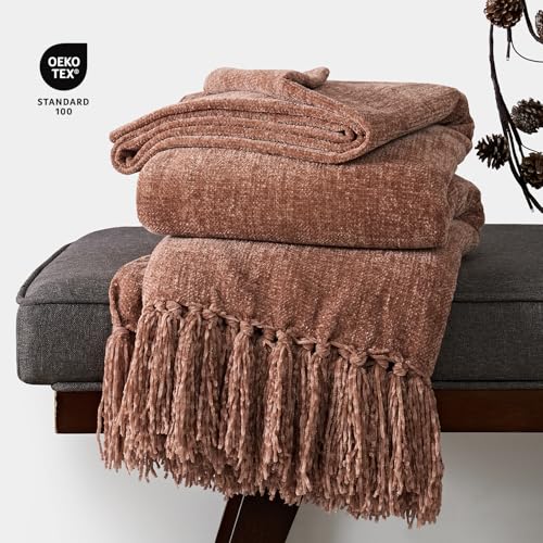 EverGrace Soft Chenille Throw Blanket for Couch, Cozy Plush Fuzzy Decorative Chenille Knit Throw Blanket with Tassels, Lightweight Blanket and Throws for Bed Sofa Gift Home Decor, Clay 50"x60" - color: Clay, size: 50"x60"