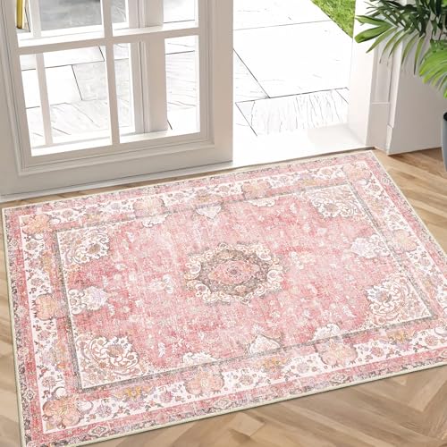 Small Rugs 2'x3',Pink Rug for Entryway Bathroom Kitchen Entrance Doormat,Boho Vintage Bohemian Distressed Washable Accent Indoor Mat Floor Throw Carpet Non Slip,Blush Floral Flowers - color: Pink, size: 2'x3'