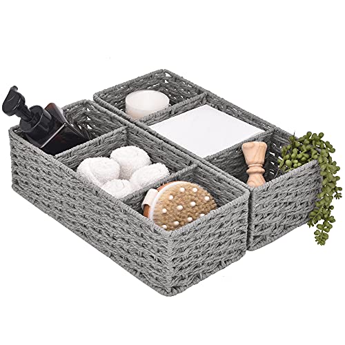 StorageWorks 3-Section Wicker Baskets for Shelves, Hand-Woven Round Paper Rope Storage Baskets, Gray, 2-Pack - color: Gray, size: 14¼"l x 6"w x 4¼"h