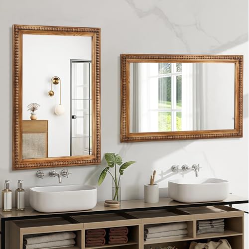 ULIKE Rectangular Wood Mirror with Natural Wooden Bead Frame, 24x36 Inch Rustic Farmhouse Wall Mirror for Bathroom Nursery Bedroom Living Room Brown - color: A Bead Rustic Brown