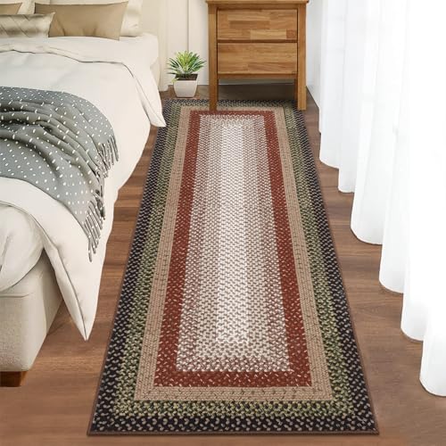 RUGSREAL Hallway Runner Rug 2x6 Braided Machine Washable Kitchen Rug Farmhouse Runner Carpet Non Slip Stain Resistant Rustic Carpet Modern Printed Area Rug for Living Room Bedroom, Crimson/Earthy - color: Crimson/Earthy, size: 2' x 6' (Runner)