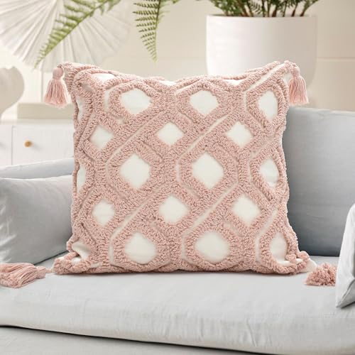 Boho Pillow Covers 18X18 Inch Boho Tufted Throw Pillow Covers Decorative Tassels Cushion Cover Farmhouse Pillow Case for Couch Sofa Bed Living Room Bedroom, Blush - color: Boho Blush, size: 18" x 18" (Pack of 1)