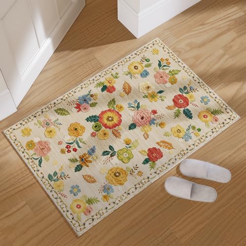 2x3 Small Area Rugs for Entryway: Washable Rug Non Slip Door Mat Indoor Entrance Faux Wool Soft Low Pile Floral Throw Rugs for Inside Front Door Floor Bedroom Kitchen Nursery Dorm Entry Home Office - color: Beige Floral, size: 2' x 3' (Rectangular)