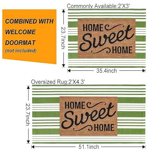 Green and White Striped Outdoor Rug 24'' x 35'' Door Mat Outdoor Machine Washable Welcome Mats Cotton Hand-Woven Entryway Rug for Front Porch/Entryway/Laundry/Bathroom/Bedroom - color: Green, size: 2' x 3' (Rectangular)