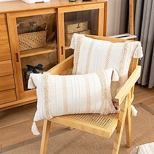Boho Cotton Handwoven Throw Pillow Covers Tufted Decorative Cushion Covers for Bedroom Living Room Sofa Farmhouse Square Fringed Throw Pillow Case (Cream, 20"x20") - size: 20" x 20" (Pack of 1)