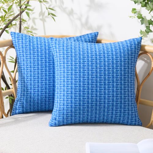 UGASA Outdoor Waterproof Pillow Covers Pack of 2 Weaving Texture Water Resistant Outside Decorative Pillow Cases for Patio Garden Porch Yard Bench Tent 18x18 Inch, Blue - color: Blue, size: 18" x 18" (Pack of 2)