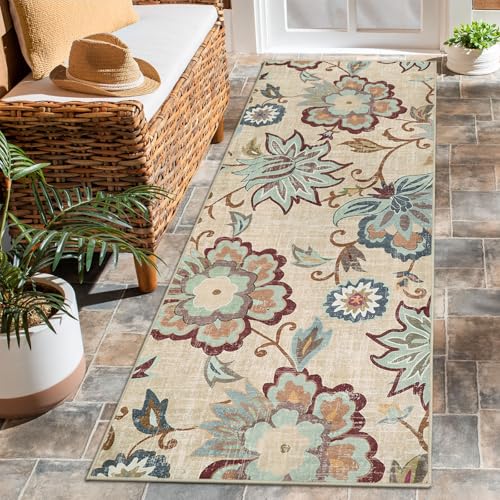 Beeiva Floral Rug Runners for Hallways, 2x5 Ultra Thin Beige Kitchen Runner Rug Washable, Vintage Plant Non-Shedding Bathroom Front Door Rug Non-Slip Hallway Runner Rug for Entryway Bedroom Kitchen - color: Cream, size: 2' x 5' (Rectangular)