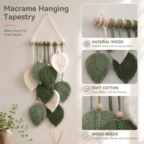 Artilady Green Macrame Leaf Wall Hanging Tapestry Boho Wall Decor | Handmade Soft Cotton Fringe, Natural Wooden Beads, Mordern Chic Decor for Bedroom Living Room Nursery - color: Small Green