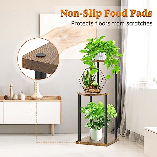 Oppro 3 Tier Corner Plant Stand Indoor, Metal Wood Flower Pot Holder Shelf, Multiple Display Rack Square Table for Living Room Bedroom Orchid Outdoor Balcony Garden Patio, Modern Black & Rustic Brown - color: Black-3 Tier