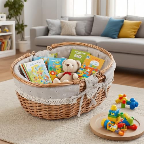Large Wicker Picnic Basket with Handles,Handle Sturdy Woven Body with Removable and Washable Lining,Outdoor Camping,Gift Packing,Garden Picking, Storage.White Flower - color: White Flower