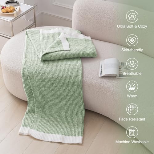MH MYLUNE HOME Ultra Soft Ribbed Throw Blanket for Couch 50x60 Inches Luxurious Super Cozy Fluffy Microfiber Blanket Plush Warm Reversible Throw Blankets for Sofa Bed - Sage Green 50 x 60 Inches - color: Ribbed Green, size: 50"x60" - 550 GSM