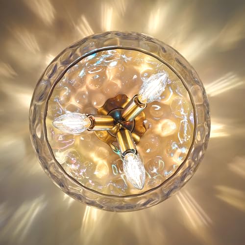 12" Iridescent Rainbow Hammered Glass Ceiling Light, 3-Light Semi Flush Mount Fixture, Modern Gold Lighting for Bedroom, Hallway, Kitchen, Dining Room, Living Room, Foyer - color: Iridescent