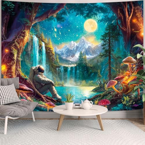 Zussun Mushroom Forest Tapestry Astronaut Nature Waterfull Snow Mountain Tapestry for Bedroom Aesthetic Fairy Moon Landscape Small Tapestries Wall Hanging for Dorm Living Room Decor 60 x 44 Inch - color: Cold Green, size: 60"L x 44"W