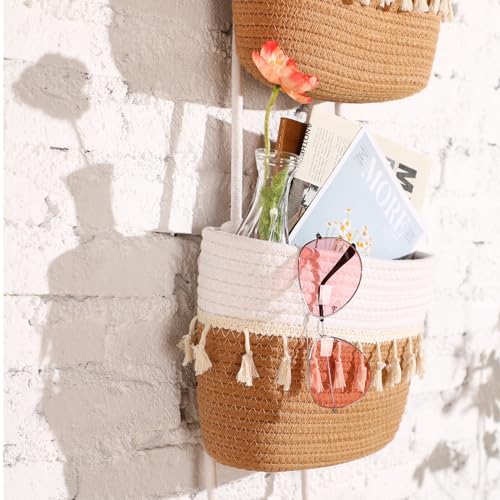 SiliFine Over The Door Hanging Basket Boho Woven Wall Hanging Baskets 3-Tier Cotton Wall Mounted Storage Organizer Bag Macrame Decorative for Kitchen Laundry Room Stairs(White, Jute) - color: White, Jute