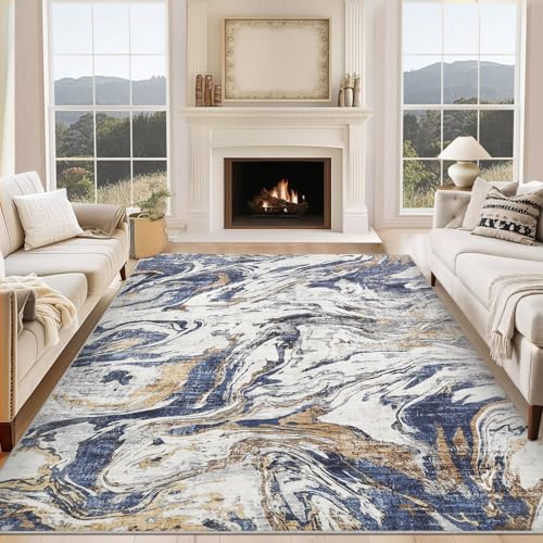 5x7 Abstract Oriental Style Area Rug, Elegant Vintage Thin Carpet, Delicate Decorative Design, Sophisticated and Beautiful for Living Room, Bedroom, Entryway, Office - Blue - color: Blue, size: 5' x 7' (Rectangular)