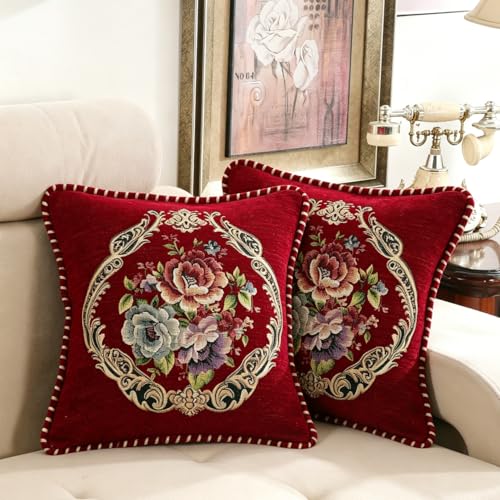 Set of 2 Vintage Floral Throw Pillow Covers, 18x18 Inch Red Chenille Embroidered Victorian Decorative Pillow Shams for Living Room Sofa Couch Bedroom - color: Red