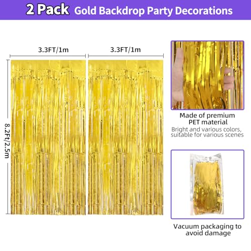 Gold Backdrop Birthday Decorations Foil Fringe Curtains 3.3x8.2ft, Party Backdrop Streamers Photo Booth Backdrop, Gold Tinsel Backdrop Door Decorations for Graduation Bachelorette New Year Eve, 2 Pack - color: Gold