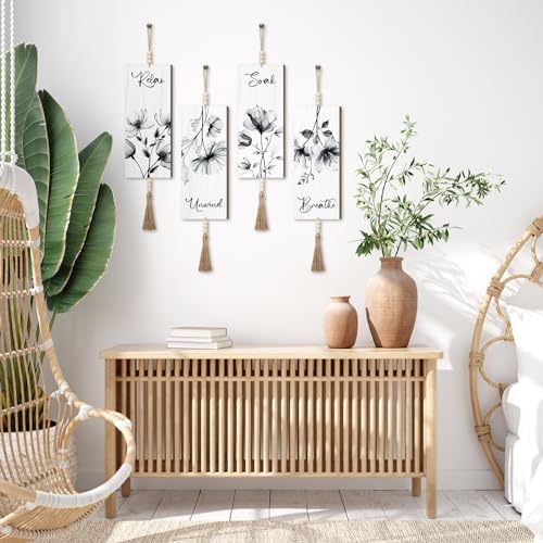 Qunclay 4 Pieces Boho Wall Decor for Bathroom 12 x 5 Inch Relax Soak Unwind Breathe Bathroom Sign with Beads Leaf Print Minimalist Botanical Wall Art Farmhouse Wooden Hanging Art(Gray,Flower) - color: Gray Flower