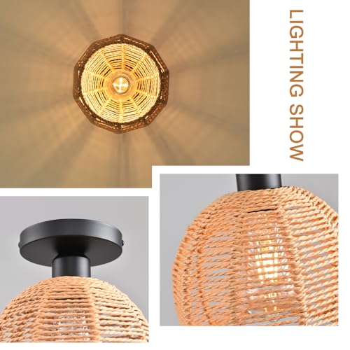 Hand-Woven Rattan Flush Mount Ceiling Light,Farmhouse Light Fixtures Ceiling Mount Boho for Hallway Bedroom Kitchen Entryway Living Room - color: 7.87 IN Rattan 1 Pack