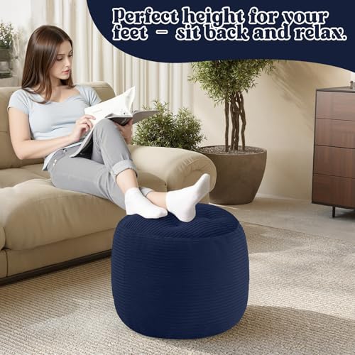 MeMoreCool Stuffed Round Pouf Ottoman Foot Rest, Floor Pouf Foot Stool with Soft Foam Chunk Filling, Round Small Ottoman Footstool Circle Footrest for Couch Living Room, Corduroy Navy - color: Navy