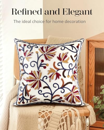 Embroidered Throw Pillow Cover - 18x18 Decorative Pillow Cover with Zipper Aesthetic Cute Design Boho Spring Summer Throw Pillowcase for Living Room Couch Sofa Bed, Fall Flower - color: Fall Flower, size: 18" x 18" (Pack of 1)