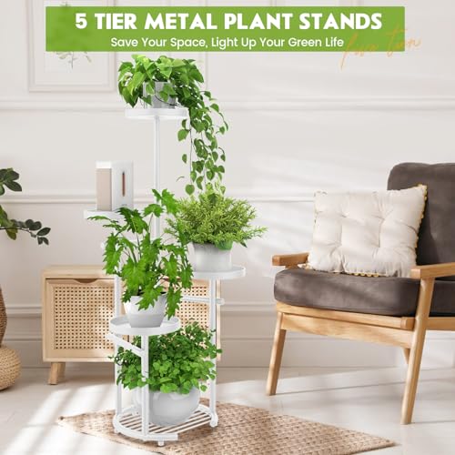 TOSKING 5-Tier Metal Plant Stand, Anti-Tip Round Base for Pots, Child & Pet Friendly, Space Saving Corner Shelf Flower Pot for Indoor Outdoor Use, Living Room Balcony Patio Garden (White, 38in) - color: White, size: 5tier Rd Base