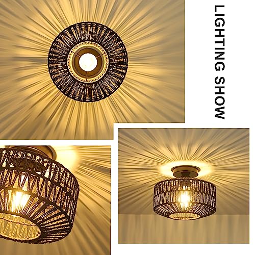 Rattan Light Fixtures Ceiling Mount,Boho Ceiling Light Fixture with Dimmable LED Bulb，Mini Hand Woven Rattan Chandelier Light Fixtures Ceiling for Bedroom Kitchen Entryway Living Room Hallway（Black） - color: Black