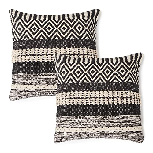 · REDEARTH · Handmade Boho Throw Pillow Covers - Bohemian Chic Farmhouse Style - Accent Woven Indoor and Covered Patio Pillow Cushion Cases for Couch, Bed, Chair, Sofa, Benches – Set of 2-18"x18" - - color: Char Delineate Black, size: 18" x 18" (Pack of 2