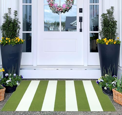 Green and White Layered Door Mats 2x3ft, Striped Outdoor Rug Cotton Woven Washable Farmhouse Small Area Rug for Entryway/Porch Decor/Kitchen/Home Entrance - color: Green White, size: 2' x 3' (Rectangular)