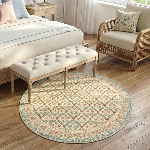 jinchan Haden Round Rug 5ft Vintage Floral Washable Rug for Entryway Kids Room Soft Non-Slip Low Pile Circle Carpet Nursery Living Room Reading Nook Cottage Indoor Decor Teal Blue - color: Teal Blue, size: 5' (Round)