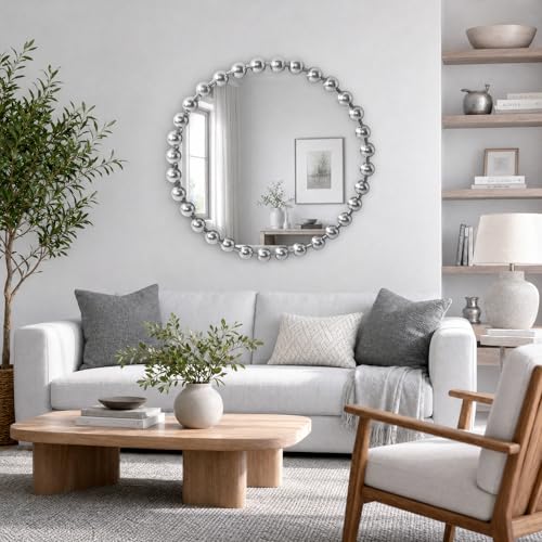 Madison Park Round Mirror, Metal Frame Circle Mirror 27 inch, Wall Art Decor Mounted Hanging for Entryway, Bathroom, hallway, Living Room, Vanity, Marlowe, Silver - color: Silver, size: 27"L x 27"W