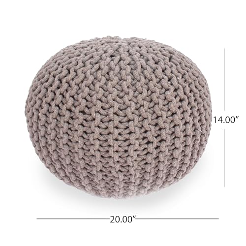 Round Pouf Ottoman, Knitted Cotton 20x20 Floor Pouf Foot Rest Stool, Handmade Braided Cable Knit Pouffe for Living Room Bedroom Nursery, Boho Home Decor Accent Seat, Brown