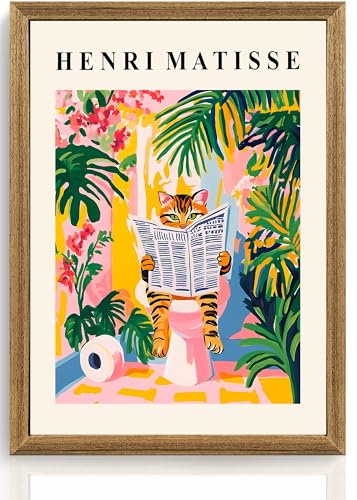 ICHZUMW Funny Tabby Cat Bathroom Wall Art, Framed Colorful Matisse Canvas Print Painting Artwork, Quirky Animal Reading Picture, Girly Pink Dopamine Wall Decor, Restroom Powder Room Bedroom, 12x16in - color: Matisse Reader, size: 16"L x 12"W