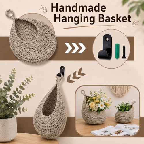 Boho Decor Hanging Fruit Baskets for Kitchen, 3 Pack Handwoven Teardrop Wall Hanging Baskets with Hooks, Storage for Fruits, Onions, Vegetables & Potatoes, 3 Sizes for Home, Light Linen - color: Large-Light Linen