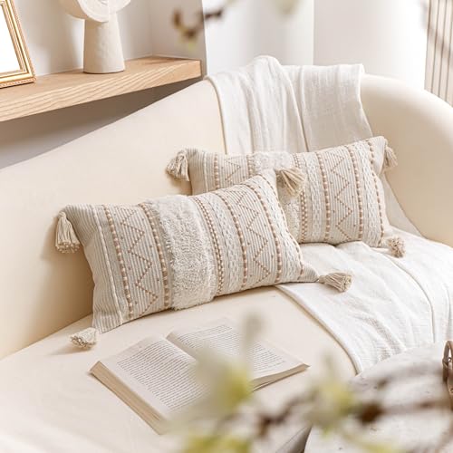 BlissBlush Decorative Lumbar Throw Pillow Covers 12x20 Combo Set of 2 Cream Neutral Rectangular Boho Accent Pillowcase Farmhouse Cushion for Couch Sofa Bedroom Living Home Décor Cover ONLY - color: Beige, size: 20" x 12" (Pack of 2)