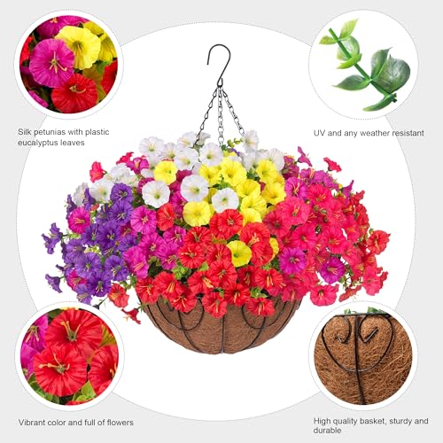 2 Set Artificial Hanging Flowers Fake Plants Baskets for Outdoors Spring Decor , 24 Pcs UV Resistant Faux Morning Glory with 2 Hanging Planters Realistic Silk Flowers for Outside Porch Patio Outdoor - color: 6 Multicolor