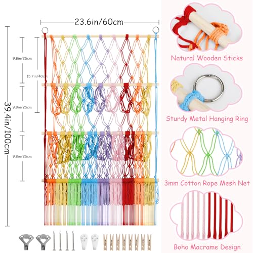 3 Tier Stuffed Animal Storage Shelf Net, 24x39 Inch Large Plushie Net w/ LED Light & Clips for Mini Medium Stuffy Teddy, Rainbow Boho Macrame Wall Toy Holder Display for Nursery Kids Girls Boys - color: Rainbow, size: Large-3 Tier-24x39 Inch